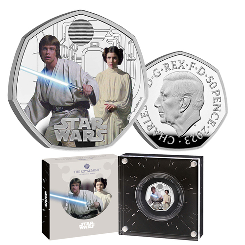 2023 50p Star Wars Luke Skywalker and Princess Leia Coloured Silver Proof
