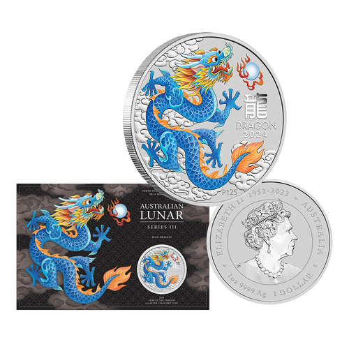 2024 $1 Year of the Dragon 1oz Blue Coloured Carded Silver Coin