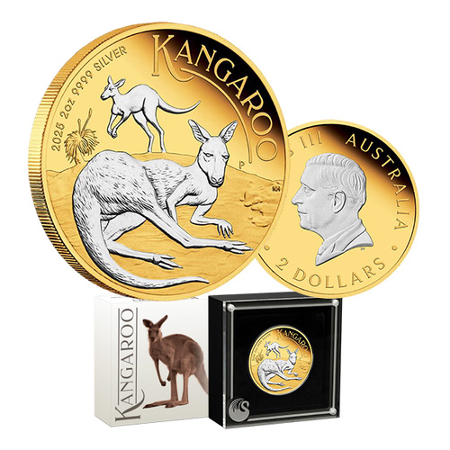 2025 $2 Australian Kangaroo 2oz Silver Proof Reverse Gilded Coin