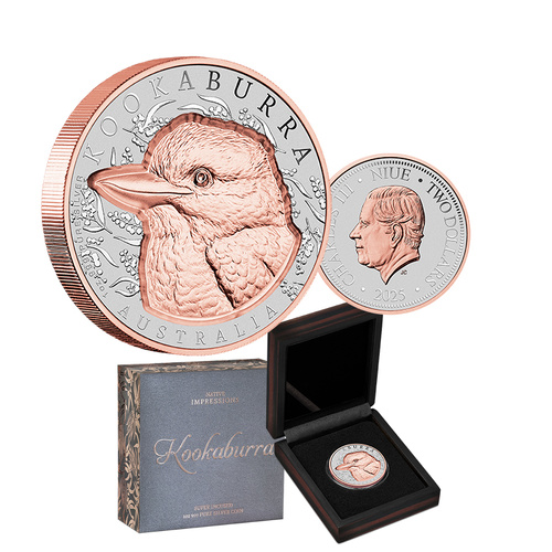 2025 $2 Native Impressions Kookaburra 1oz Silver Super Incused Coin Rose Gold Gilded