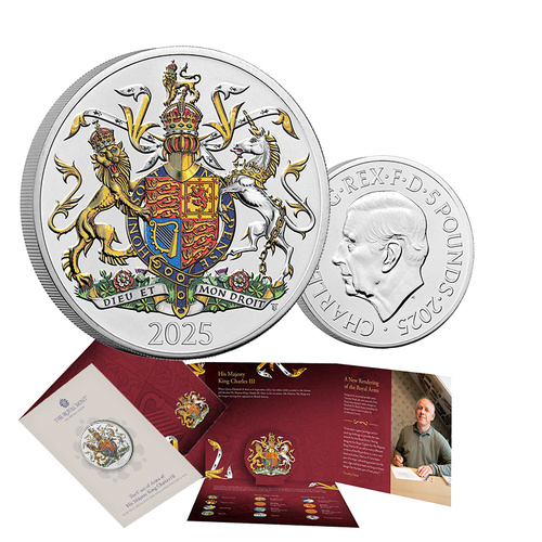 2025 £5 The Coat of Arms of His Majesty King Charles III BUNC Coloured Coin