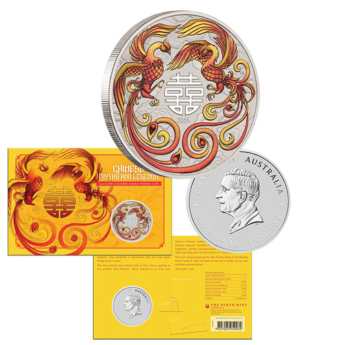 2025 $1 Chinese Myths and Legends Double Phoenix Silver Fired Coloured 1oz Silver Coin