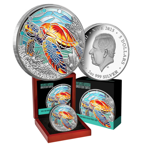 2025 $5 Nature's Window Green Sea Turtle Coloured 2oz Silver Proof