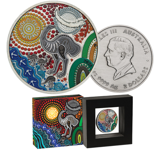 2025 $2 Emu Utingat 2oz Silver Coloured Antiqued Coin