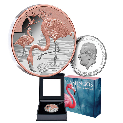 2025 $1 Pink Flamingo Rose-Gold Plated 1oz Silver Proof