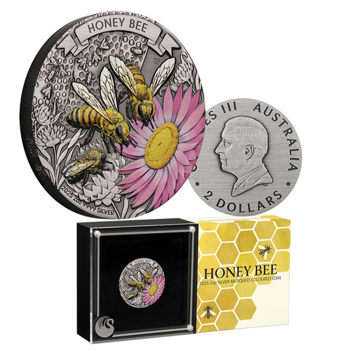 2025 $2 Honey Bee Silver Antiqued Coloured Coin