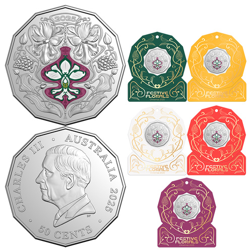 2025 50c Christmas Festive Florals Set of 5 UNC Coins