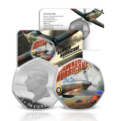 2026 50c 90thy Anniversary of the Hawker Hurricane Coloured Silver Plated Coin