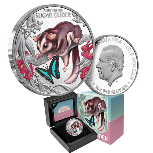 2025 $1 Cute and Cuddly Baby Sugar Glider 1oz Coloured Silver Proof Coin