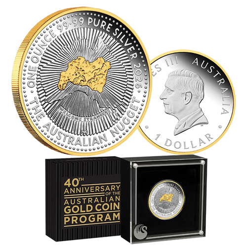 2026 $1 40th Anniversary of the Australian Nugget 1oz Silver Gilded Proof Coin