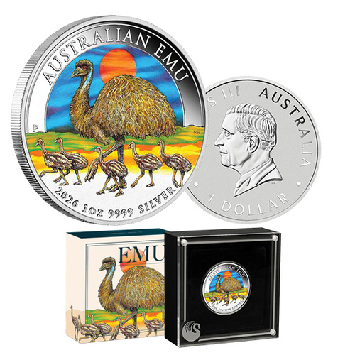 2026 $1 Australian Emu 1oz Silver Coloured Coin