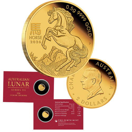 2026 $2 Year of the Horse - Mini Horse 0.5g Gold Proof Coin in Card
