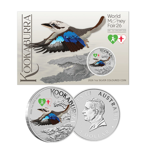 2026 $1 Australian Kookaburra World Money Fair Special Coloured 1oz Silver Coin in Card