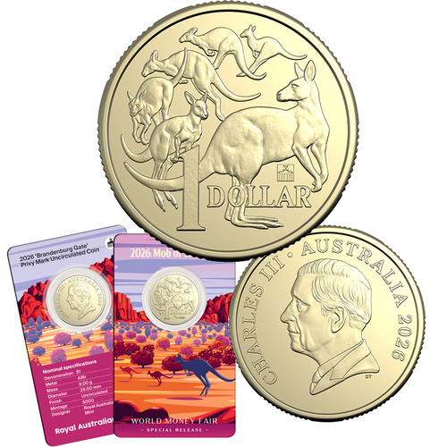 2026 $1 Mob Of Six Roos - World Money Fair Brandenburg Gate Privy Mark Uncirculated Coin