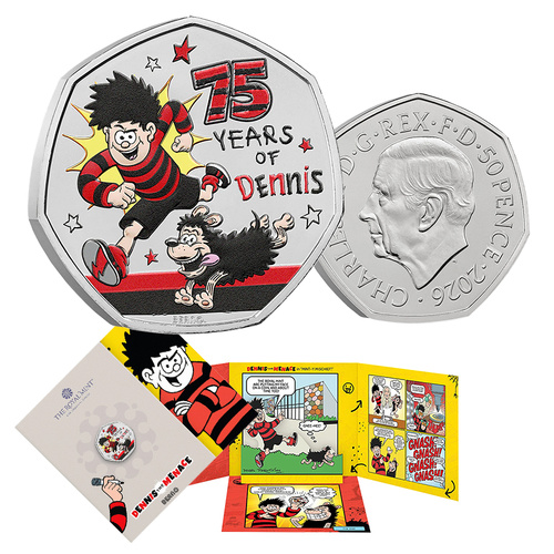 2026 50p 75 Years of Dennis the Menace Coloured BUNC Coin