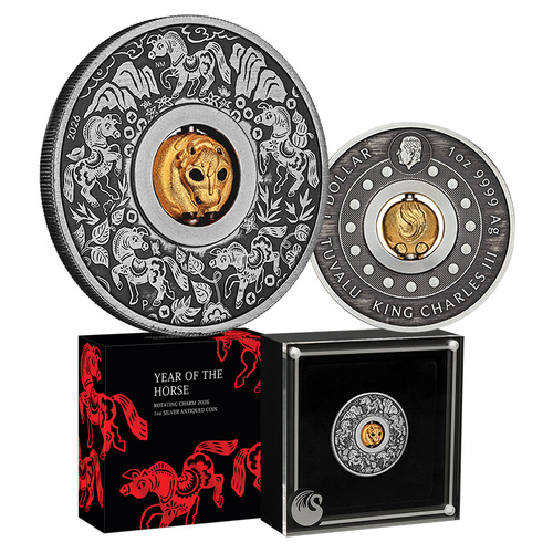 2026 $1 Year of the Horse 1oz Silver Antiqued Rotating Charm Coin