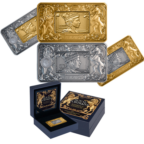 2026 $5 Elizabeth II & Charles III Revolving Rectangle Gold-plated 2oz Silver Antique Coin
