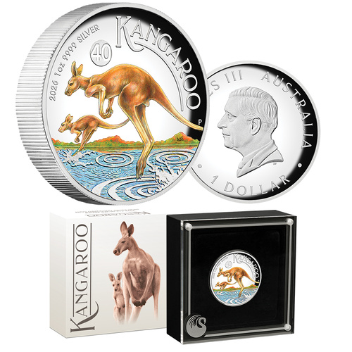 2026 $1 Australian Kangaroo 1oz High Relief Silver Coloured Proof oin