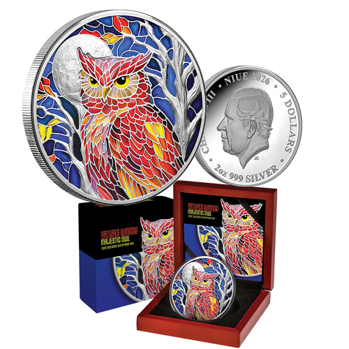 2026 $5 Nature's Window Majestic Owl 2oz Coloured Silver Proof Coin
