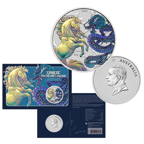 2026 1oz Chinese Myths and Legends Dragon and Horse Silver Opalite Coloured Coin in Card