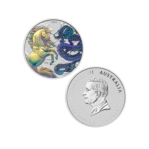 2026 1oz Chinese Myths and Legends Dragon and Horse Silver Opalite Coloured Coin in Capsule