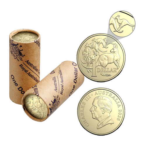 2026 Australia Charles III Mob of Six Roos $1 Aluminium-Bronze Uncirculated 20-Coin Heads/Heads or Tails/Tails RAM Mint Roll