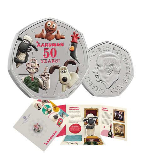 2026 50p 50 Years of Aardman Coloured BUNC Coin