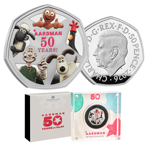 2026 50p 50 Years of Aardman Coloured Silver Proof Coin