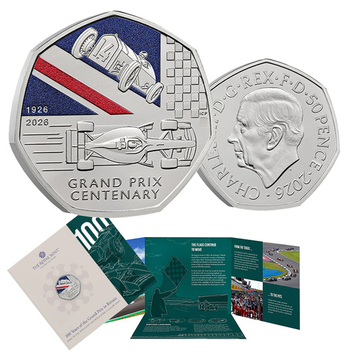 2026 50p 100 Years of the Grand Prix in Britain Coloured BUNC Coin