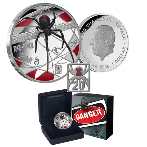 2026 $1 Deadly and Dangerous 20th Anniversary Red-back Spider Silver Proof Coin