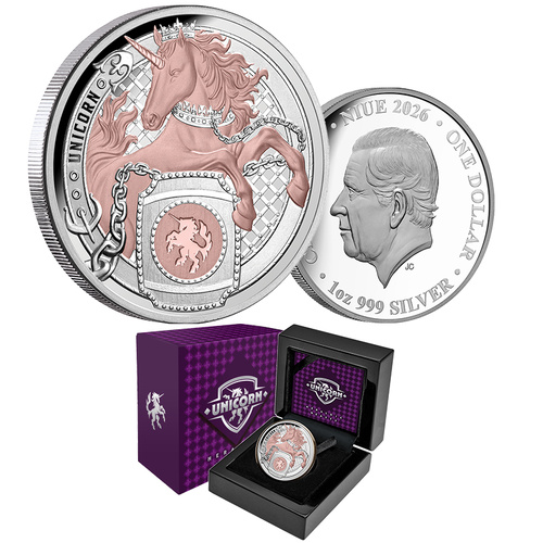 2026 $1 Heraldic Beasts Unicorn Rose-Gold Plated 10z Silver Proof Coin