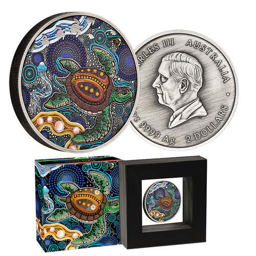 2026 $2 Australia Turtle Yaunati Coloured 2oz Silver Antiqued Coin
