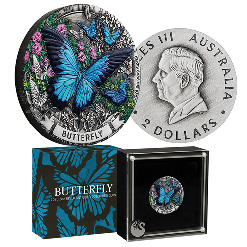 2026 $2 Australia Butterfly Colour 2oz Silver Antique Coin