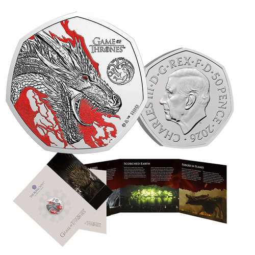 2026 50p Game of Thrones (Fire) Coloured BUNC Coin
