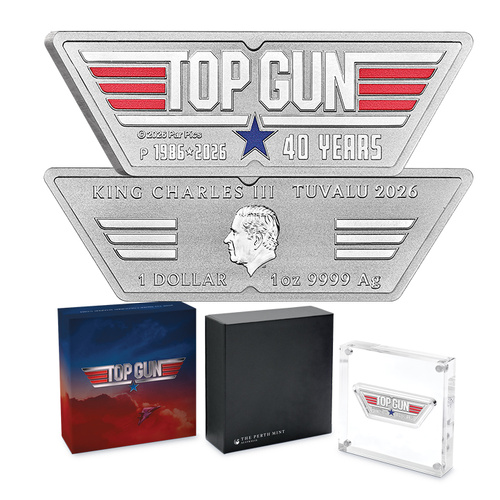 2026 $1 40 Years of Top Gun Logo Shaped 1oz Silver Coloured Coin
